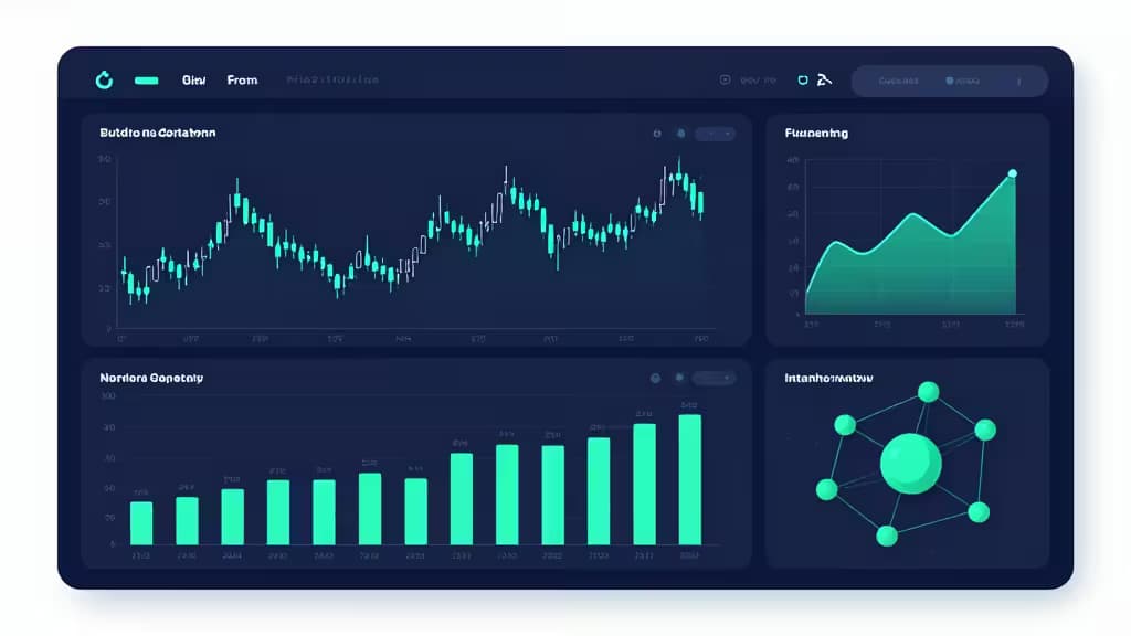 Abstract illustration of a cryptocurrency trading dashboard with candlestick charts and blockchain network nodes in navy and teal tones