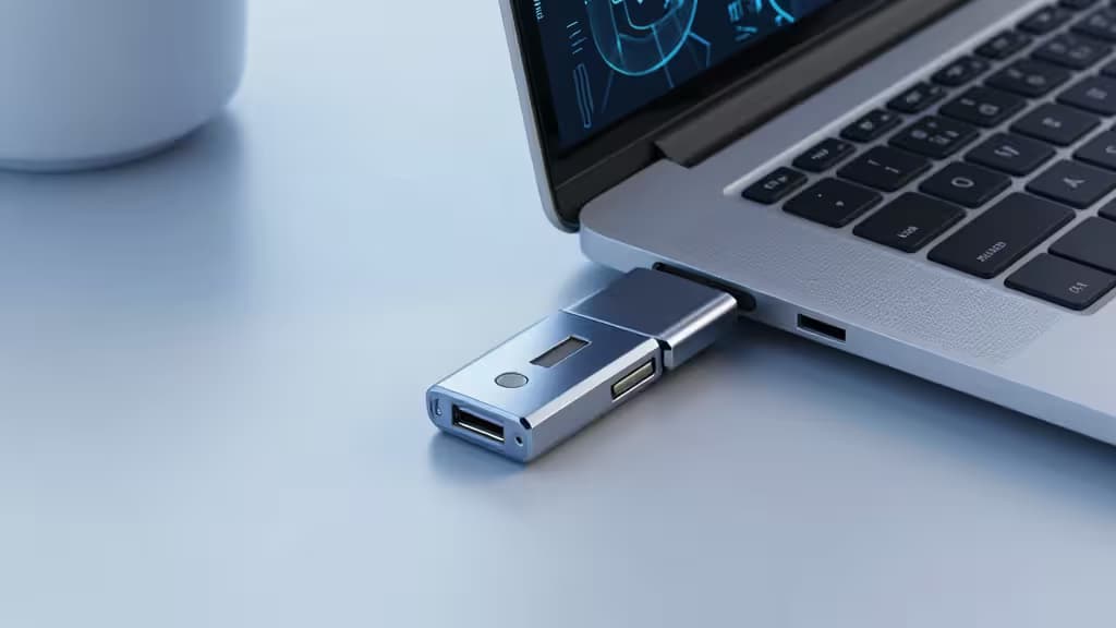 Zilveren metalen security key met USB-C en Lightning-poorten aangesloten op een laptop op een strak wit bureau.