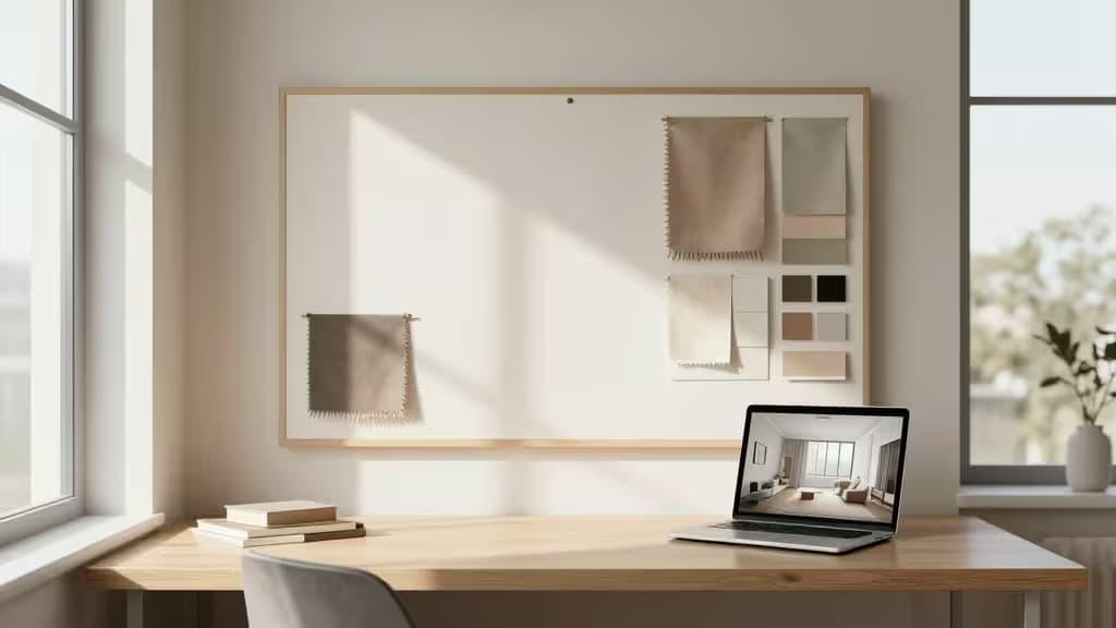 Sunlit studio desk displays fabric swatches on a whiteboard beside a laptop showing a 3D interior rendering.