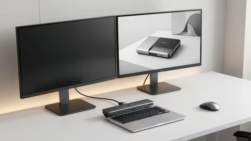 Un dock USB-C argenté relie un laptop à deux écrans 4K sur un bureau blanc.