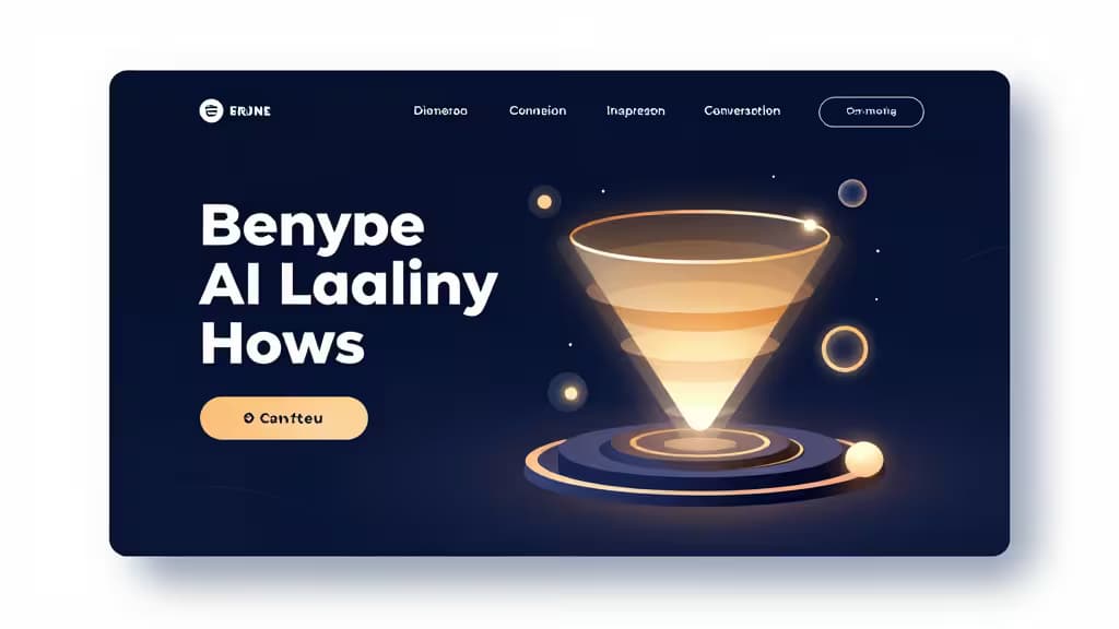 Ilustración editorial abstracta de una landing page siendo ensamblada por elementos de IA con formas de embudo de conversión y bloques de texto en una composición moderna