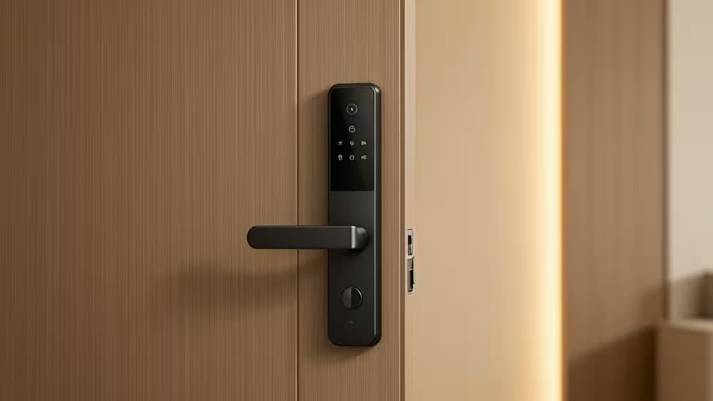 Sleek black smart lock mounted on light wood apartment door, no drilling required.