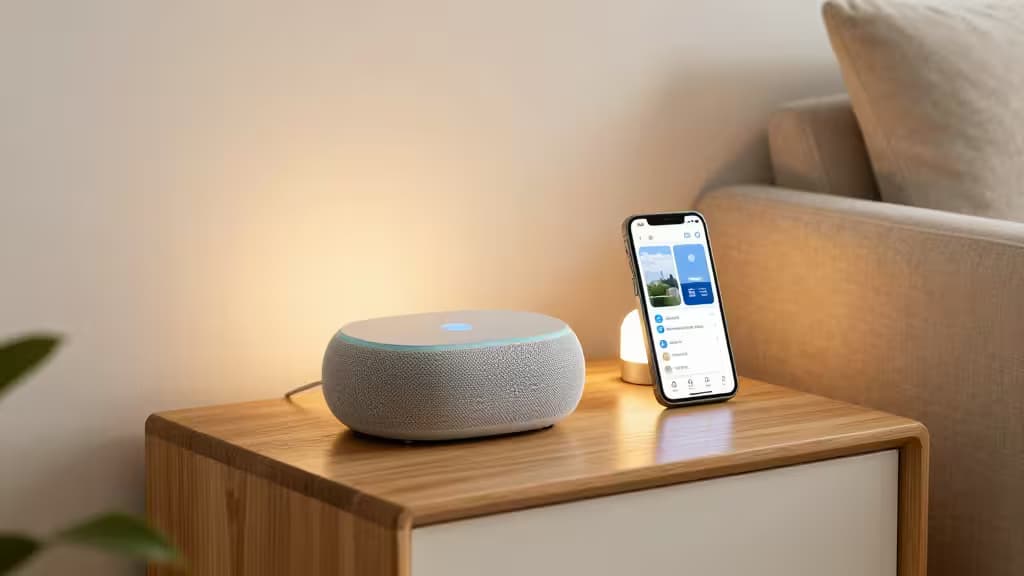 Smart speaker and smartphone on wooden side table, showcasing connected home setup.