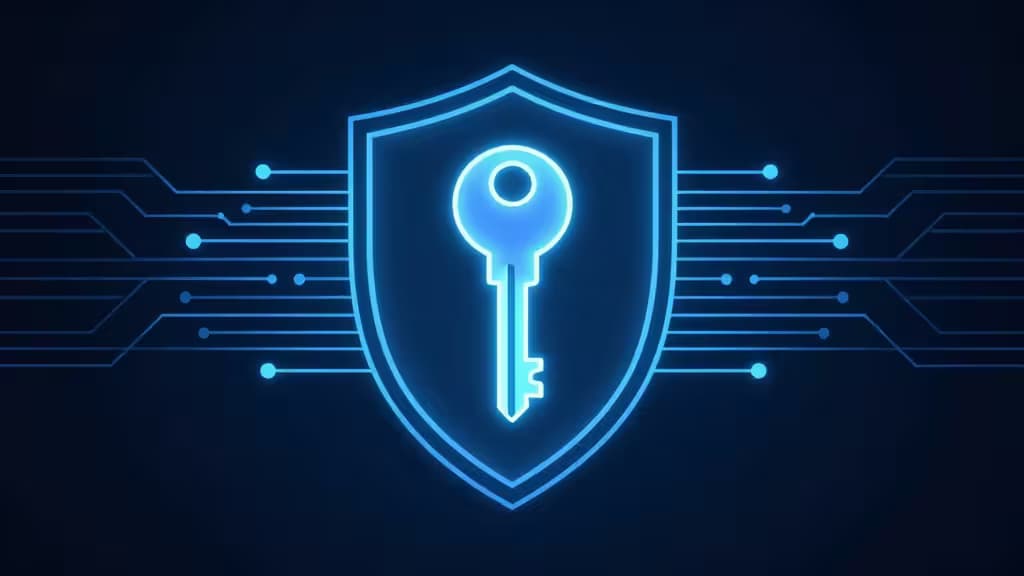 Abstract illustration of a glowing key symbol representing a dedicated private IP address, encircled by protective circuit lines on a dark navy background