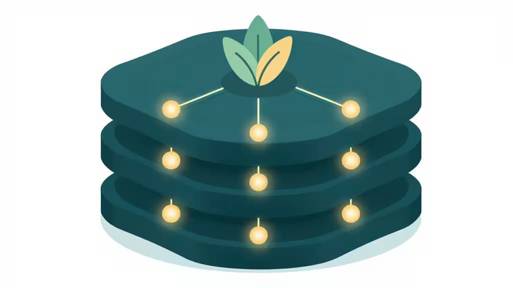 Abstract illustration of interconnected database nodes with a MongoDB leaf motif, rendered in dark teal and amber tones.