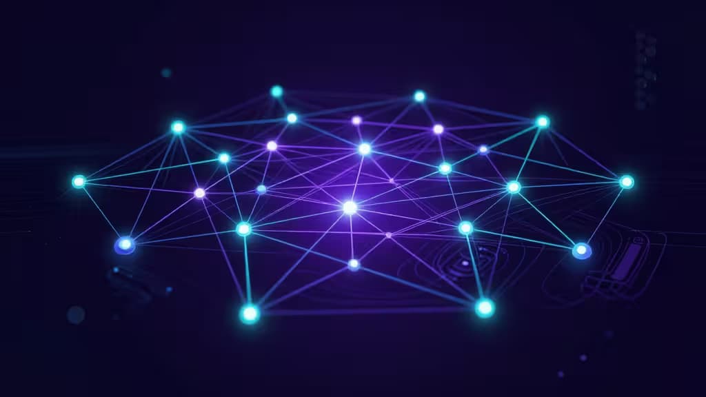 Glowing blue and purple nodes connect in a network, symbolizing Solana's decentralized exchange ecosystem for 2026 trading.