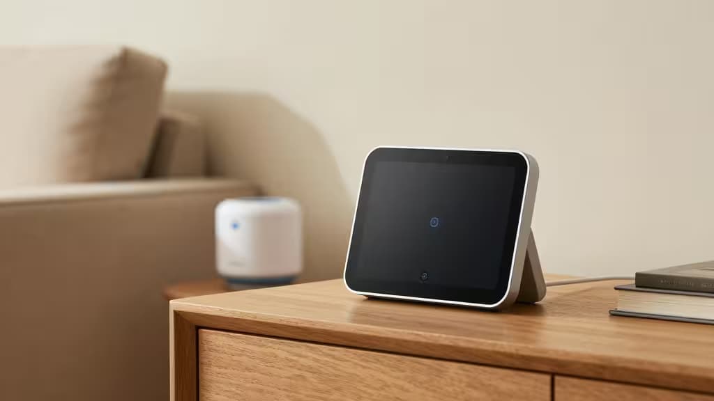 Nest Hub Max su mobiletto in legno, soggiorno moderno, ecosistema Google.