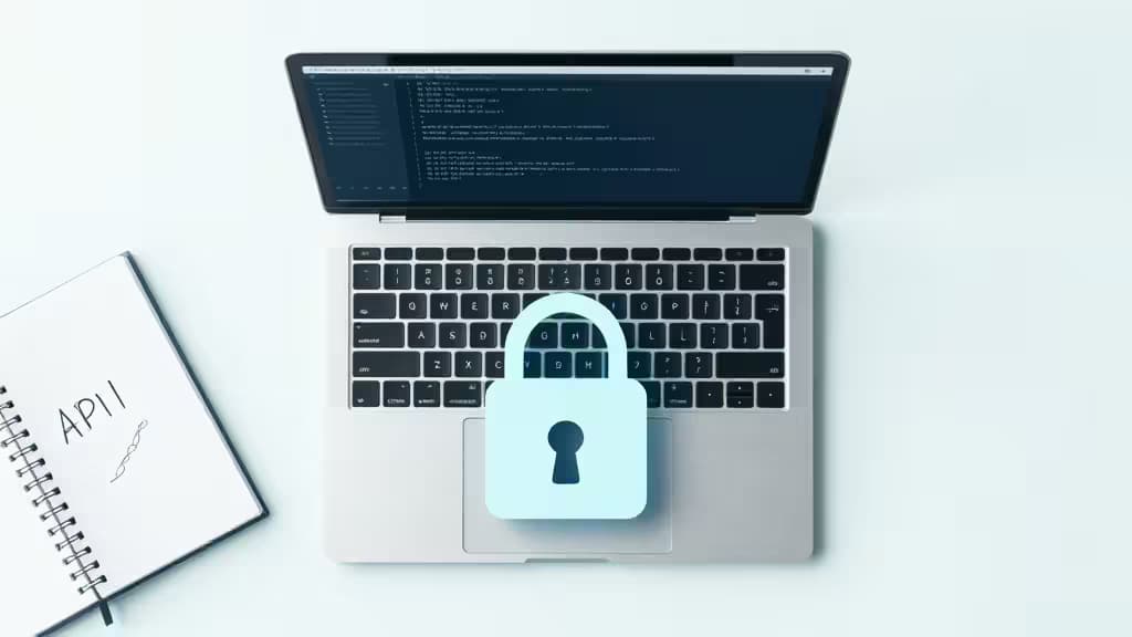 Laptop with code, notebook labeled 'API', and padlock overlay symbolize secure secret management for startups.