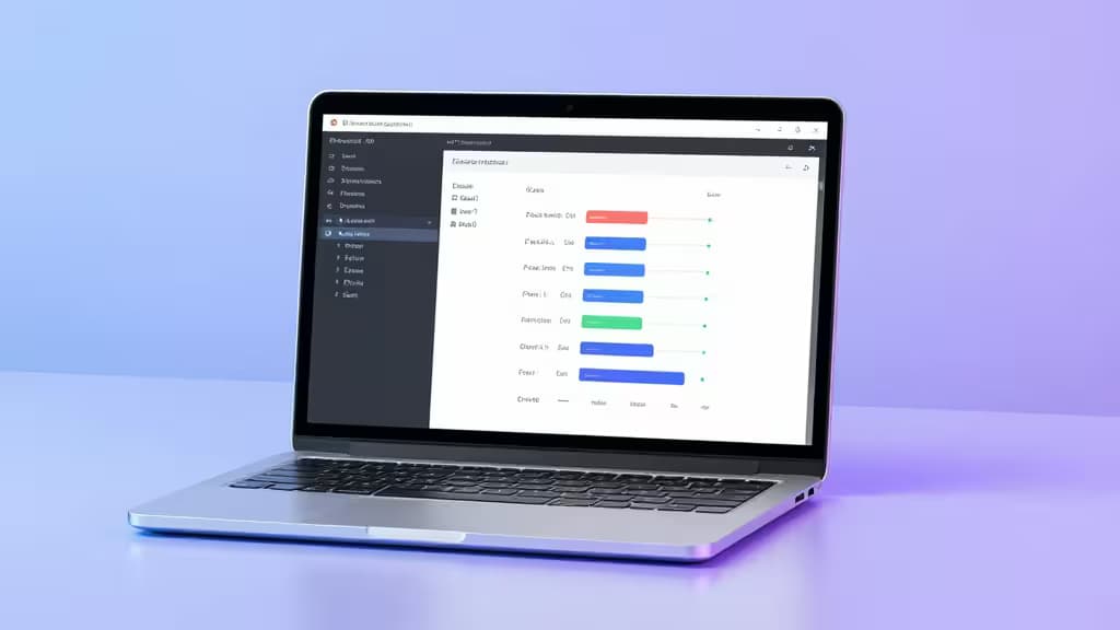 Ein modernes Laptop zeigt ein CI/CD-Dashboard mit Python-Projekt-Metriken, vor einem weichen lila Farbverlauf.