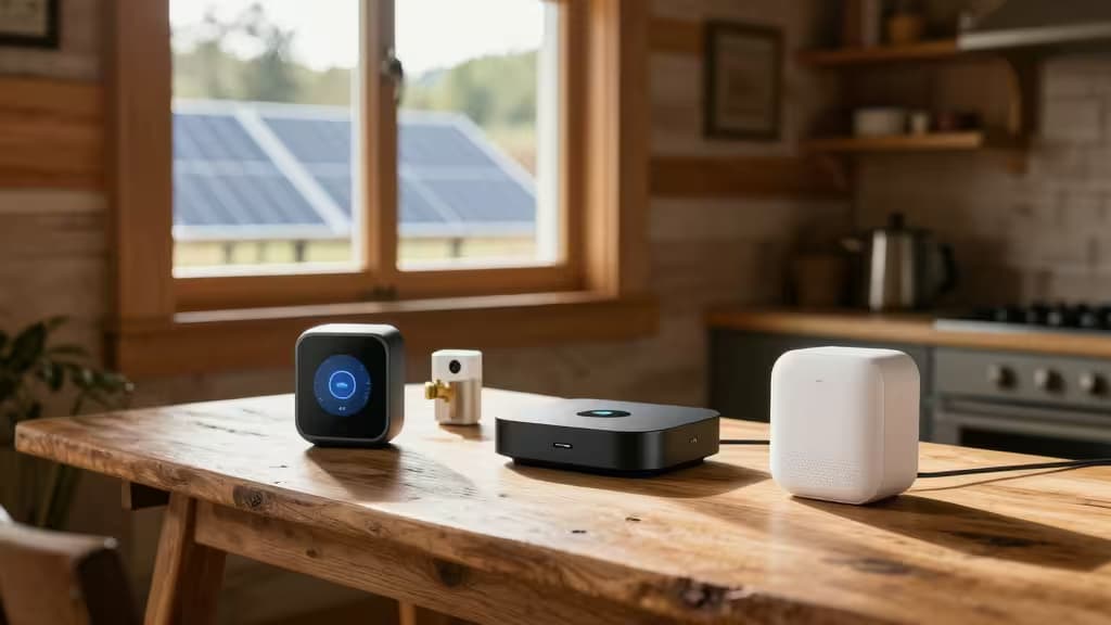 Smart home devices rest on rustic wooden table, solar panels visible through cabin window.
