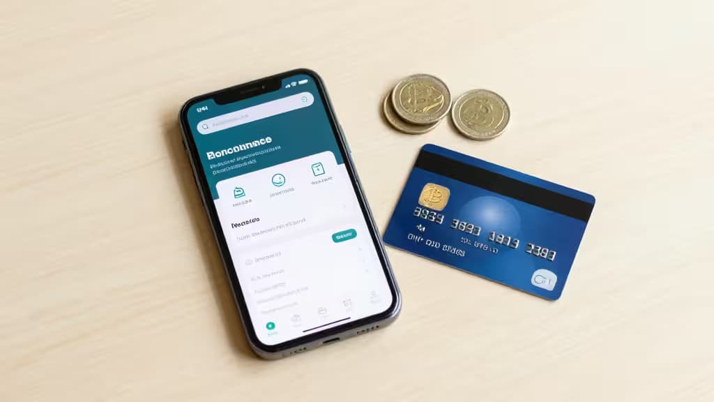 Smartphone affichant une application crypto posé à côté de pièces de monnaie métalliques et d'une carte bancaire sur une table en bois.