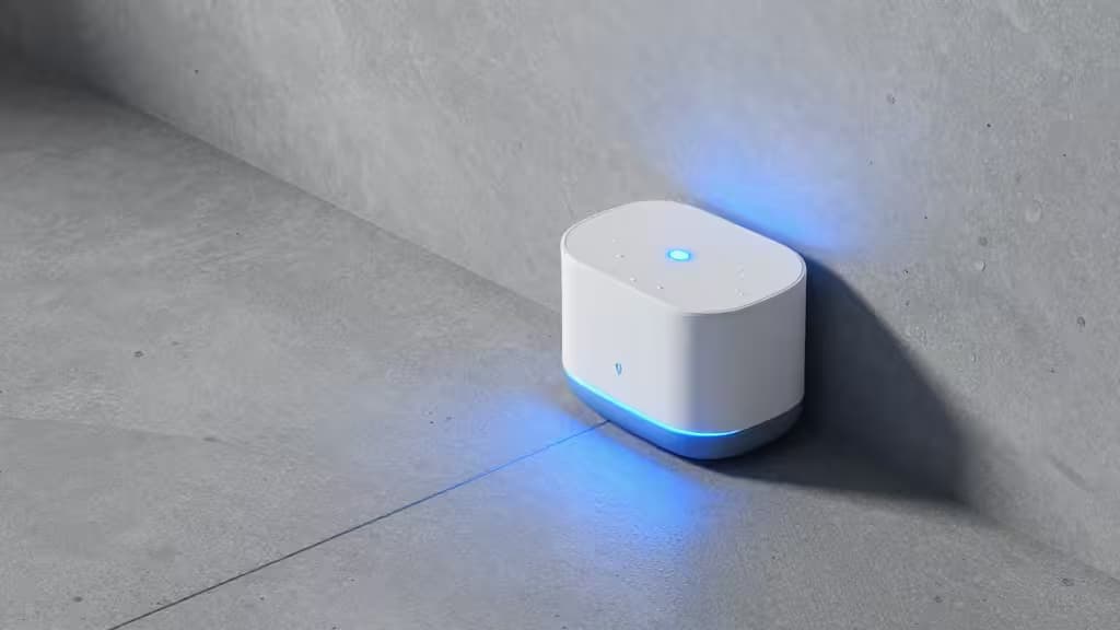 A smart home water leak sensor placed beside a basement sump pump pit with soft blue ambient lighting.