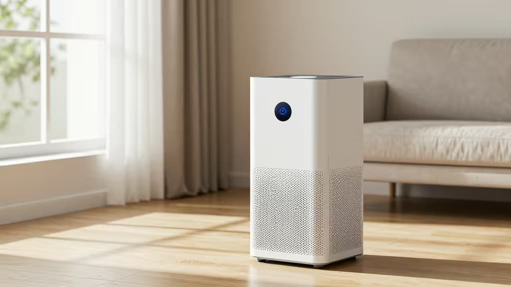 White smart air purifier with blue LED display stands on hardwood floor in sunlit living room.