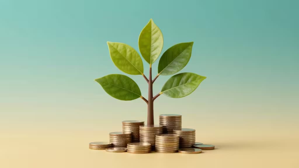 A green sapling grows from stacked gold coins against a soft teal-to-cream gradient background, symbolizing nonprofit financial growth.