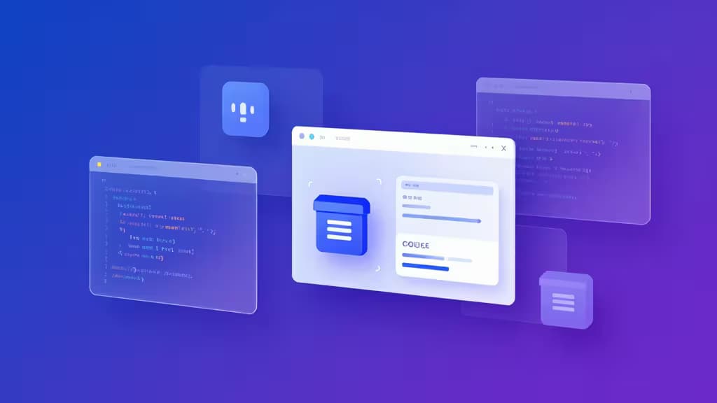 Fenêtres de code flottantes et icône d'application centrale illustrant la gestion d'environnement de développement local.