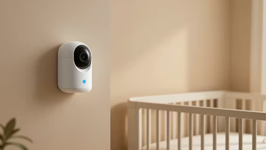 Een rustige minimalistische babykamer met een smart home camera aan de muur als babymonitor.