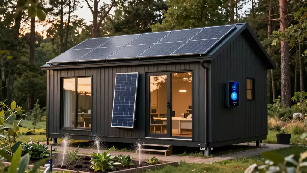 Dark wooden cabin with solar panels, smart irrigation, and glowing hub in forest setting.