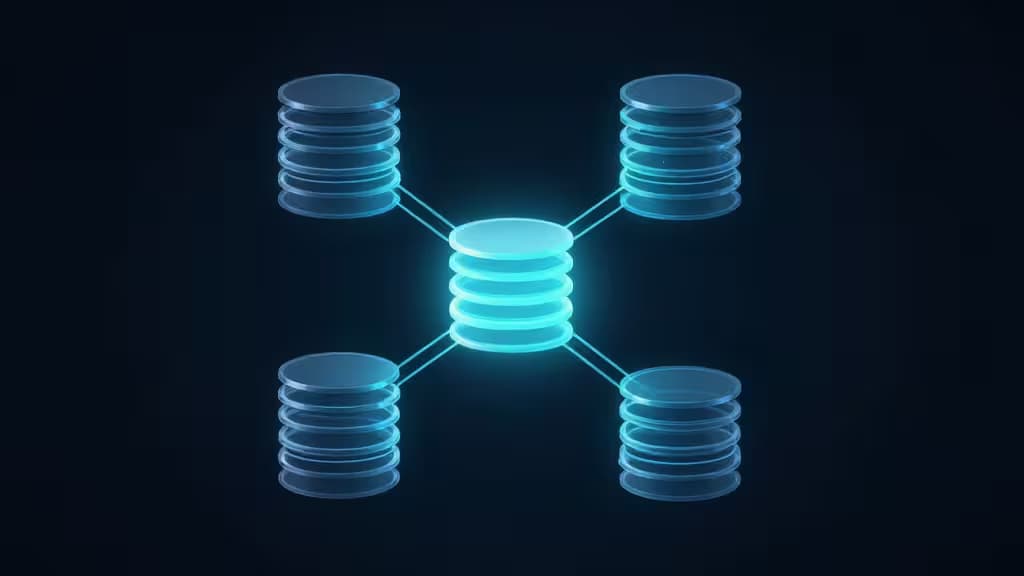 Abstracte visualisatie van database branching: een centrale knoop die splitst in meerdere transparante kopieën, in blauwe en turquoise tinten op een donkere achtergrond.