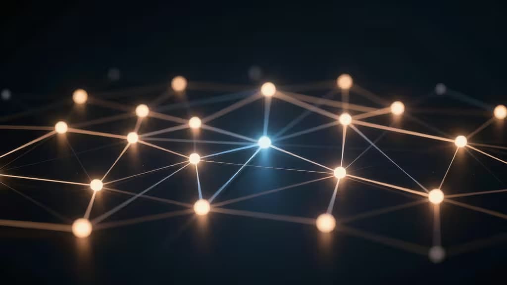 Abstract visualisatie van een onderling verbonden mesh-netwerk met gloeiende knooppunten die een cross-platform smart home-automatiseringssysteem voorstellen.