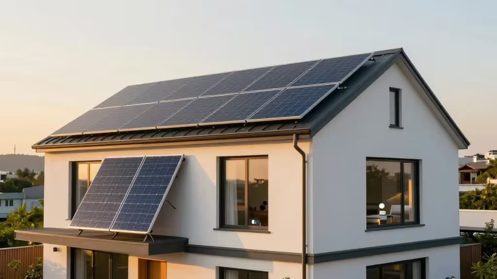 Casa moderna con pannelli solari sul tetto illuminata dalla luce calda del tramonto