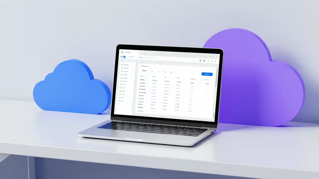 Laptop displays Supabase dashboard, flanked by blue and purple cloud props on white desk.