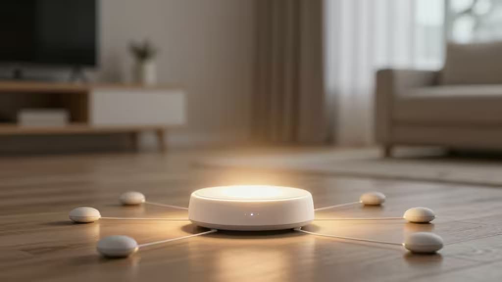 Hub smart home centrale con nodi di rete interconnessi che rappresentano l'automazione Matter cross-platform