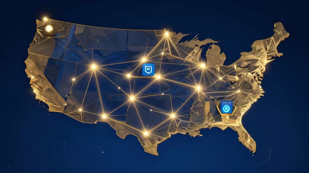 Golden wireframe US map glows with blockchain nodes and crypto exchange icons against deep blue.
