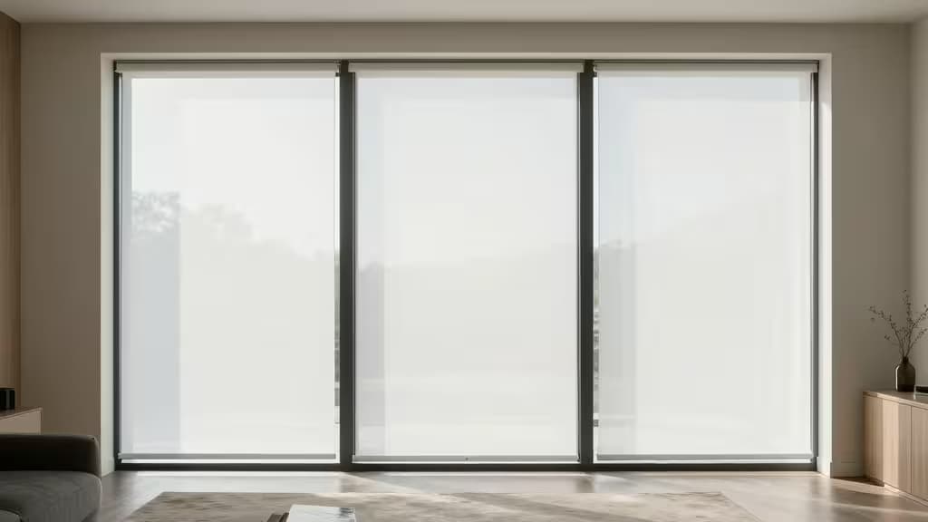 Stores motorisés blancs installés sur une élégante fenêtre en baie, laissant filtrer la lumière naturelle dans un intérieur moderne et épuré
