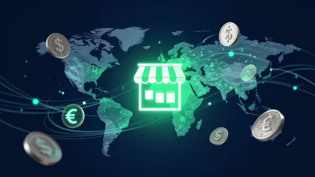 Świecąca zielona ikona sklepu internetowego unosi się nad cyfrową mapą świata, otoczona pływającymi monetami dolarowymi i euro połączonymi świecącymi liniami.