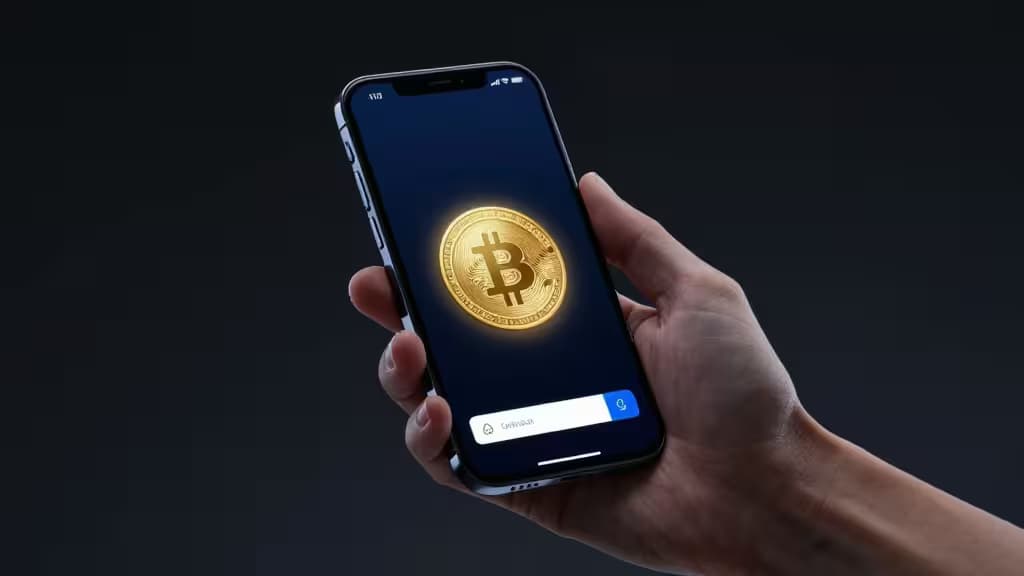Smartphone met donker scherm waarop een Bitcoin-icoon oplicht, gehouden in een hand — een veilige crypto wallet-app wordt weergegeven.
