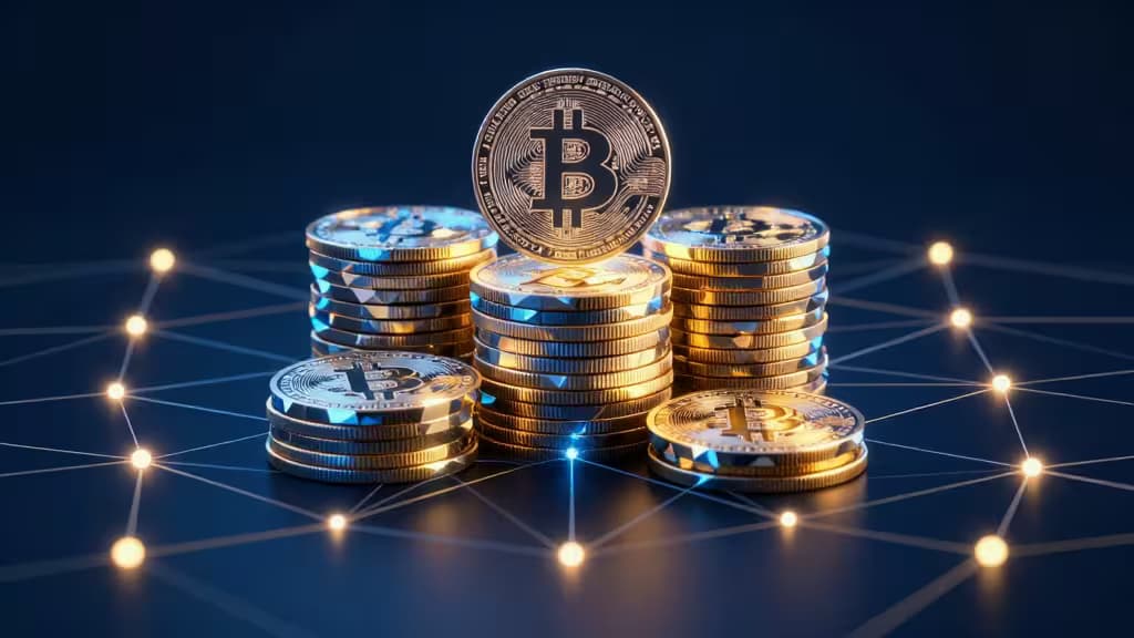 Gold Bitcoin coins stack atop glowing network nodes, symbolizing crypto staking rewards for German investors seeking passive income from ETH, SOL, ATOM.