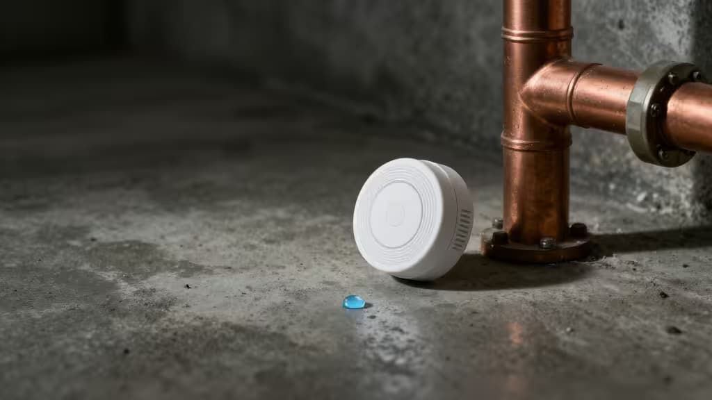 Un détecteur de fuite intelligent blanc posé sur un sol de béton humide à côté de tuyaux en cuivre, avec une goutte d'eau bleue à proximité.