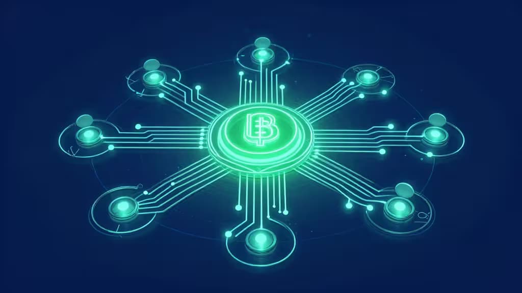 Glowing green circuit board with central Bitcoin symbol radiates outward to eight connected nodes, symbolizing interconnected digital banking infrastructure.
