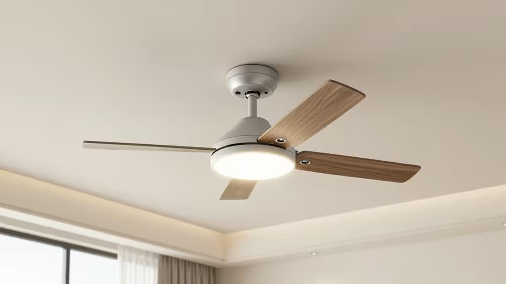 Modern smart ceiling fan with integrated LED lighting in a bright contemporary living room