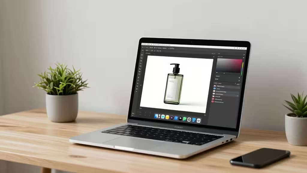 A sleek laptop displays an AI-powered image editor, flanked by potted plants on a minimalist desk.