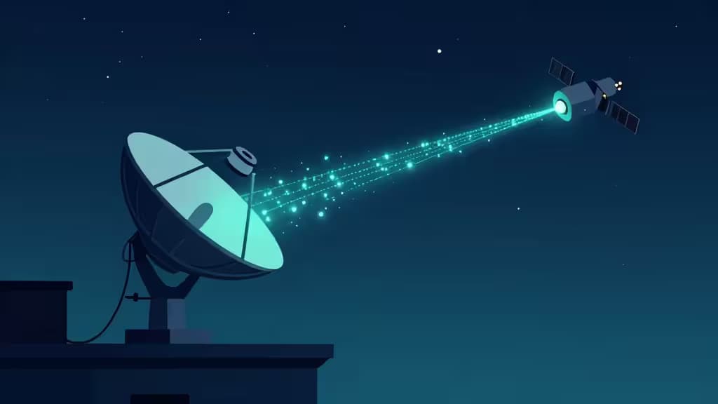 Metal satellite dish on rooftop beams glowing cyan data stream upward to orbiting Starlink satellite against dark starry sky.