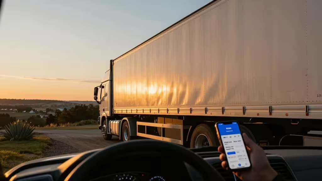 Eine Hand hält ein Smartphone mit einer Banking-App, eingerahmt vom Seitenspiegel eines Trucks bei Sonnenuntergang.