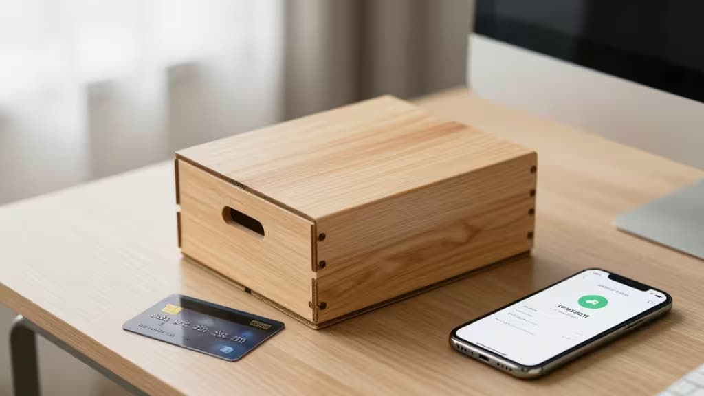 Caja de suscripción sobre una mesa de madera junto a un teléfono inteligente que muestra una pantalla de confirmación de pago y una tarjeta de crédito, con luz natural suave