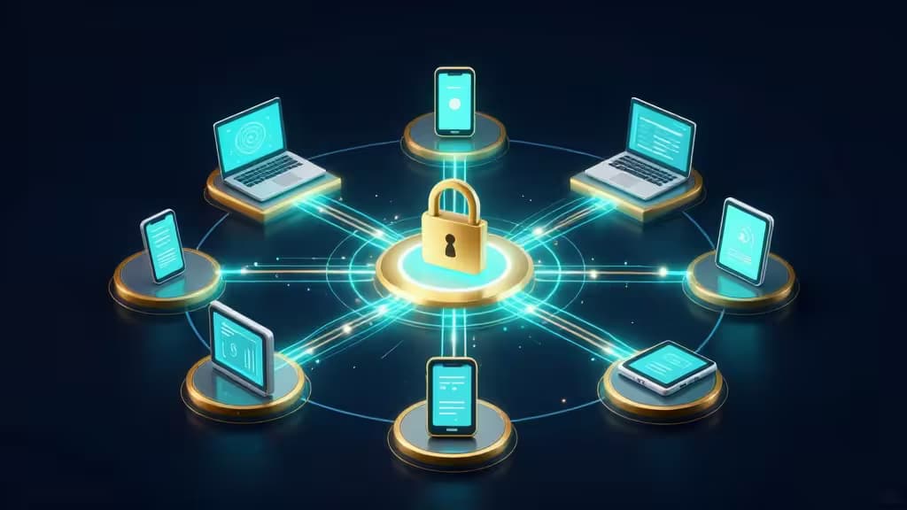 Un cadenas doré trône au centre d'une plateforme lumineuse, relié par des flux de données bleus à huit appareils environnants — ordinateurs portables, tablettes et smartphones — disposés en cercle sur un fond sombre.