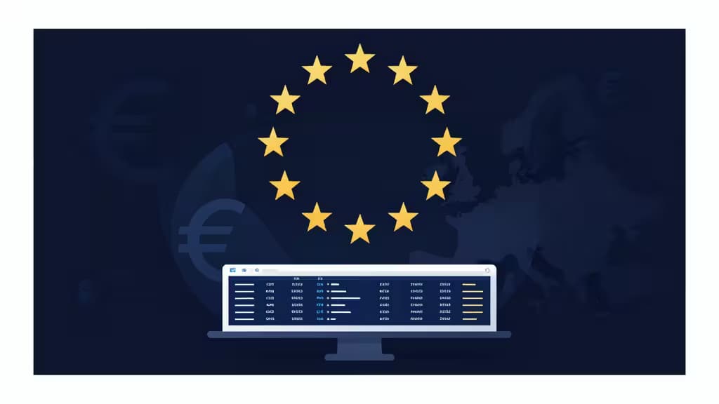 Un monitor de ordenador muestra datos de criptomonedas bajo las estrellas doradas de la bandera de la UE, simbolizando los exchanges regulados bajo MiCA para residentes europeos en 2026.