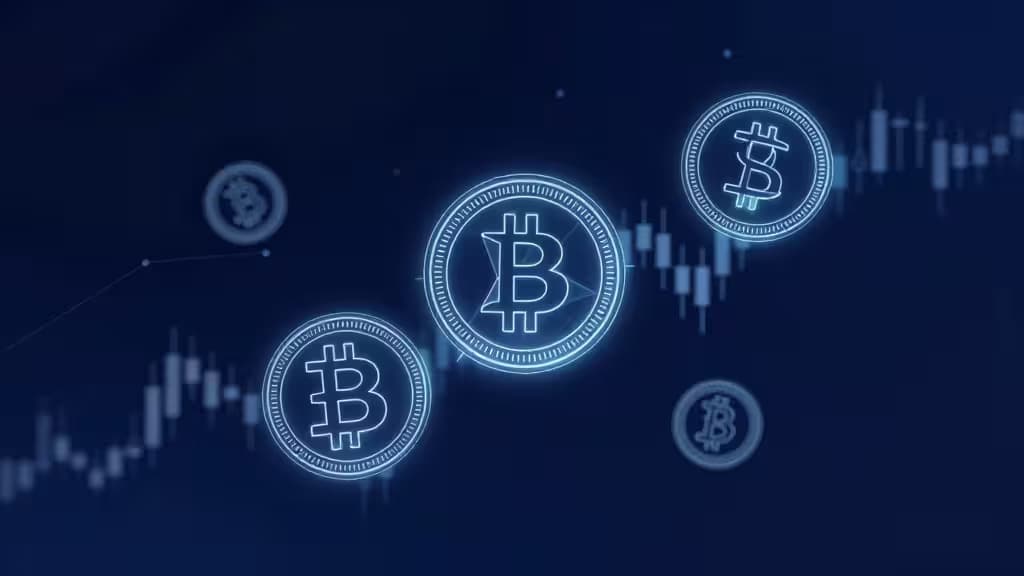 Светящиеся синие монеты Bitcoin парят над растущим графиком свечей на тёмно-синем фоне.