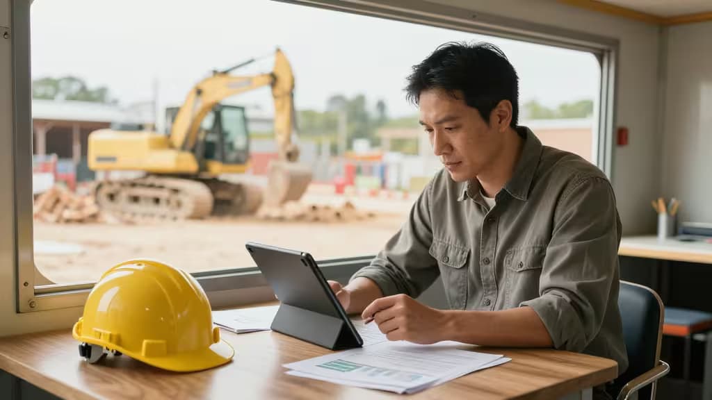 A contractor reviews documents on a tablet beside a yellow hard hat, with an excavator visible outside.
