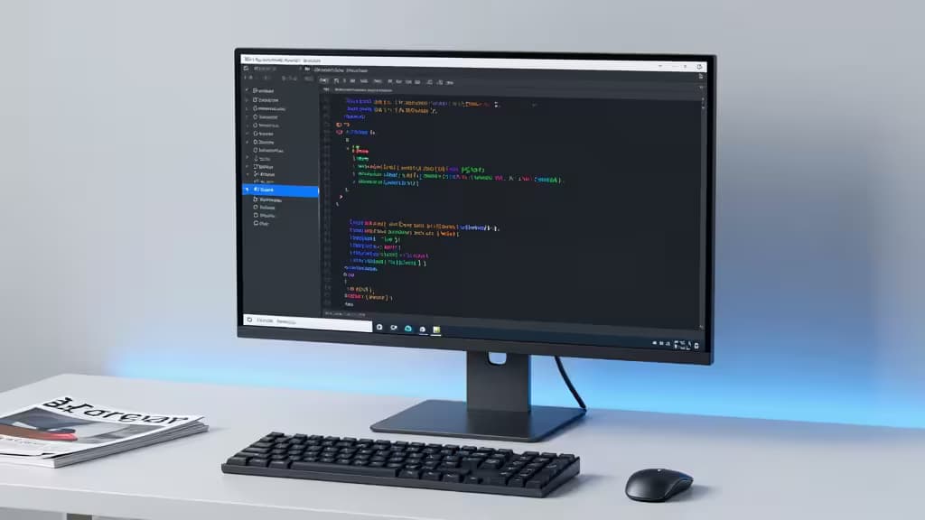 A sleek monitor displays Go code, paired with a keyboard and mouse on a minimalist desk.
