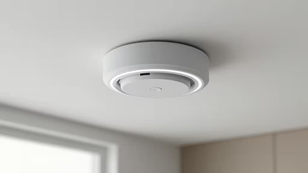 A sleek white circular smoke detector with an illuminated ring glows softly against the smooth, minimalist ceiling of a modern smart home.