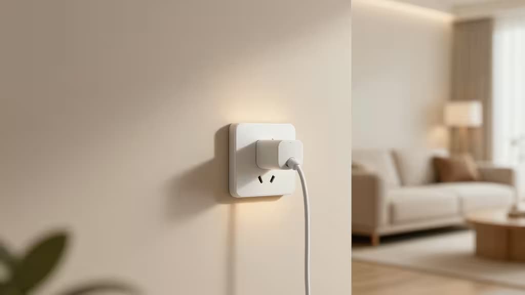 A white Matter-compatible smart plug with a glowing indicator sits in a beige wall outlet, its cord trailing down, while a softly lit modern living room with a sofa and lamp blurs in the background.