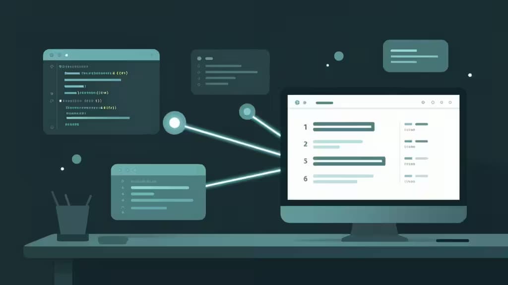 A monitor displays API test results, connected via glowing lines to floating code windows and network nodes on a dark desk.