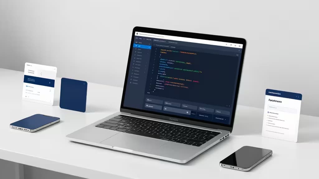 Laptop displays Java code alongside mobile devices and testing tool interfaces on a clean desk.