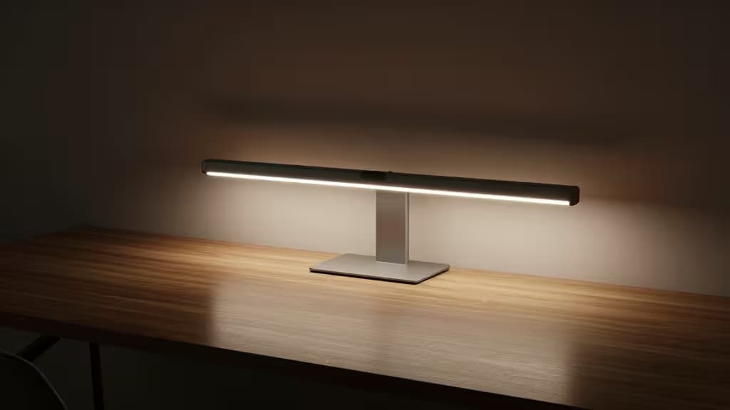 Sleek silver monitor light bar illuminates dark wood desk with warm, asymmetric glow in minimalist night setting.