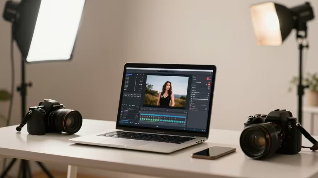 Fotografen-Arbeitsplatz mit Laptop, Kamera und Studio-Beleuchtung — KI-gestützte Bildbearbeitung