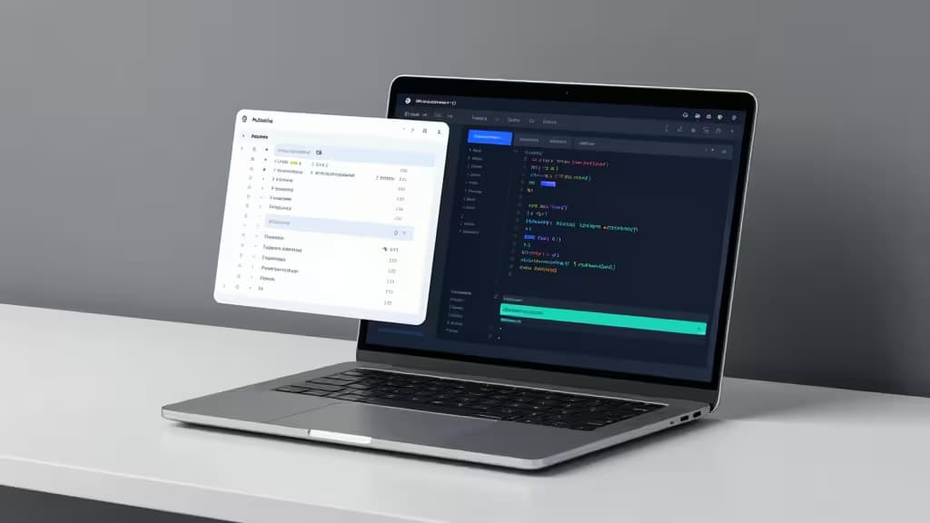 Silver laptop displays code editor and floating API docs interface on minimalist white desk.